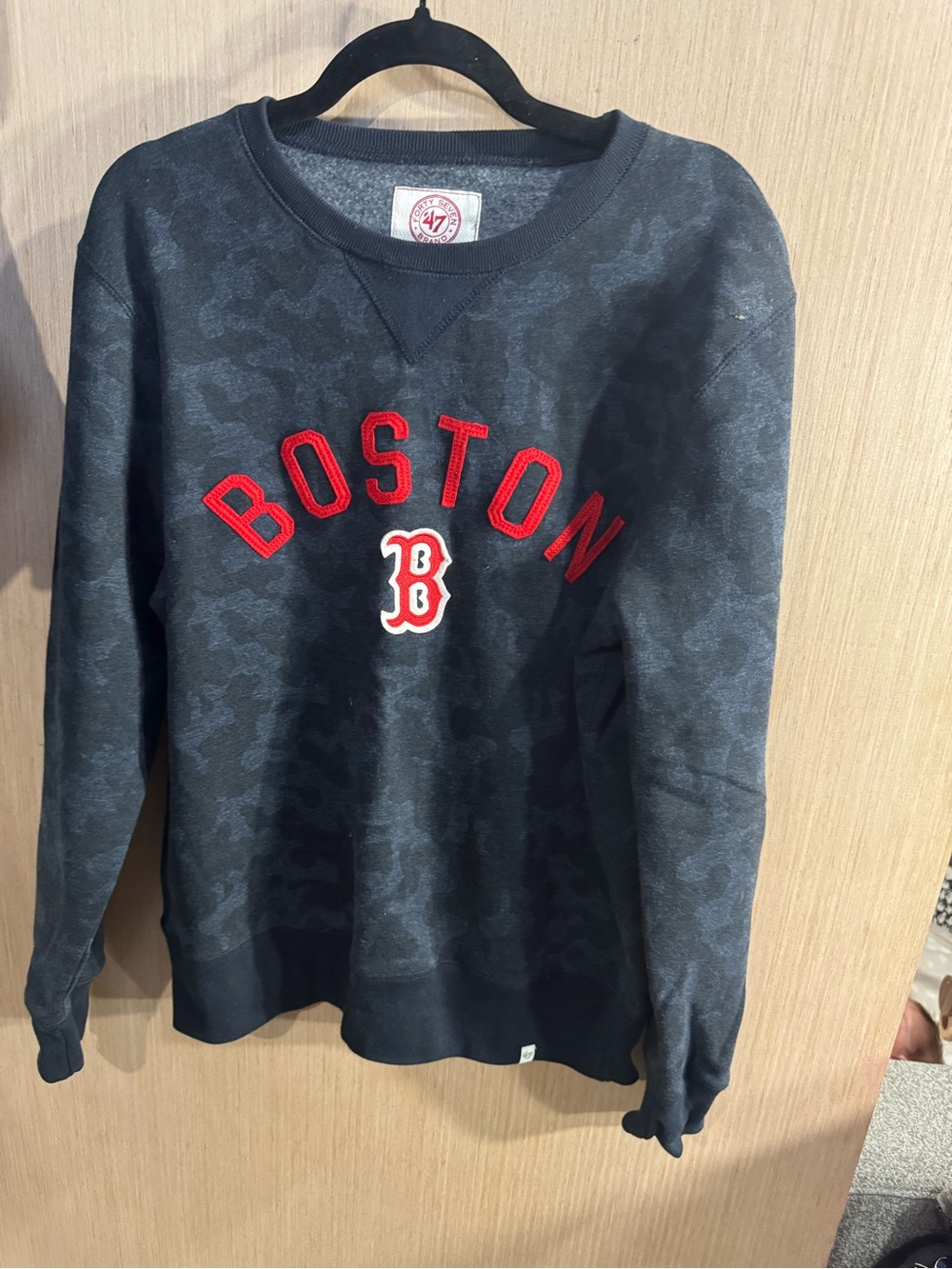 47 Brand Boston Crewneck Sweatshirt - Camo Blue with Red Boston Size Medium